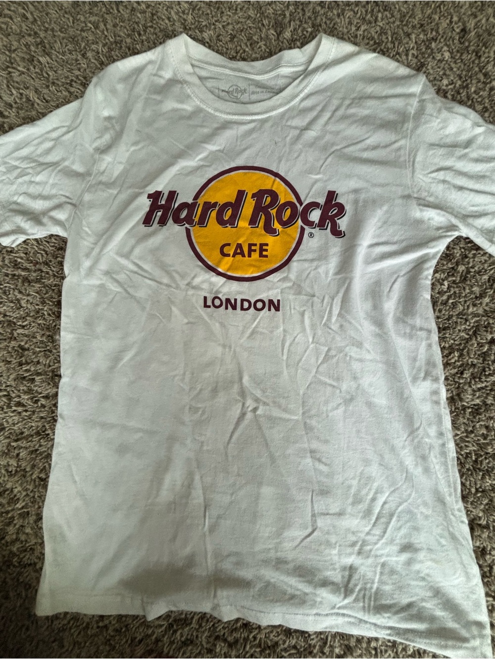 Hard Rock Cafe White Tee with Yellow & Maroon Logo M